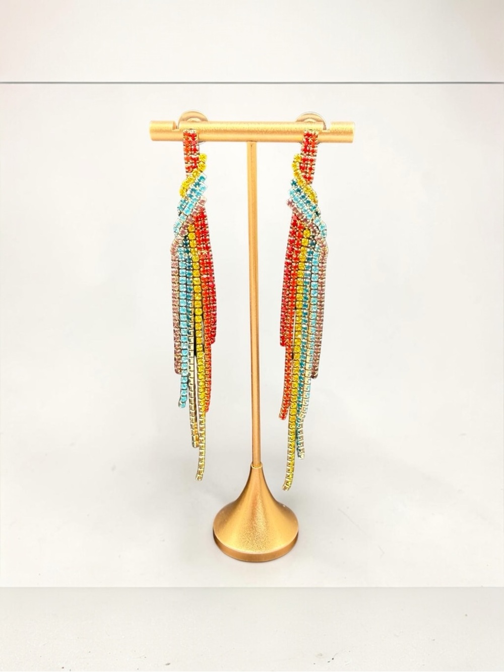 Rainbow Twist Fringe Waterfall Shoulder Duster Pierced Earrings Festival Boho